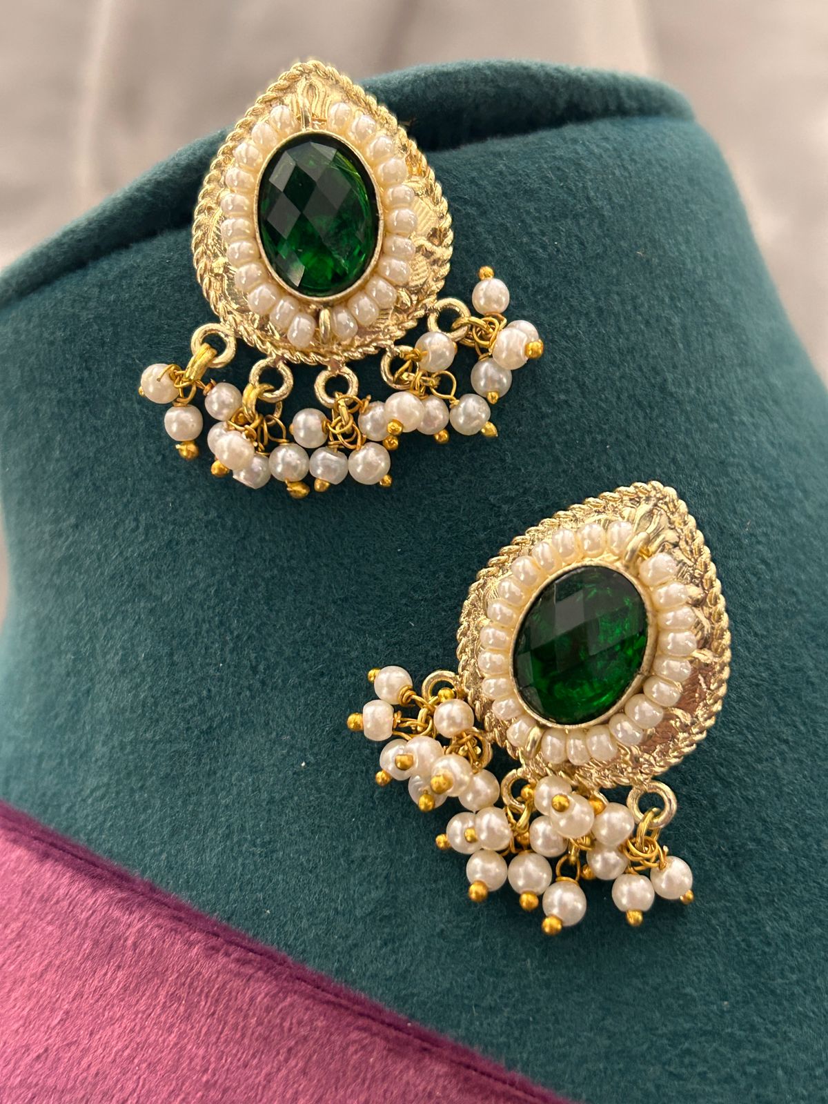 Green & Red Kundan Square Motif Choker Necklace Set with Pearl Detailing